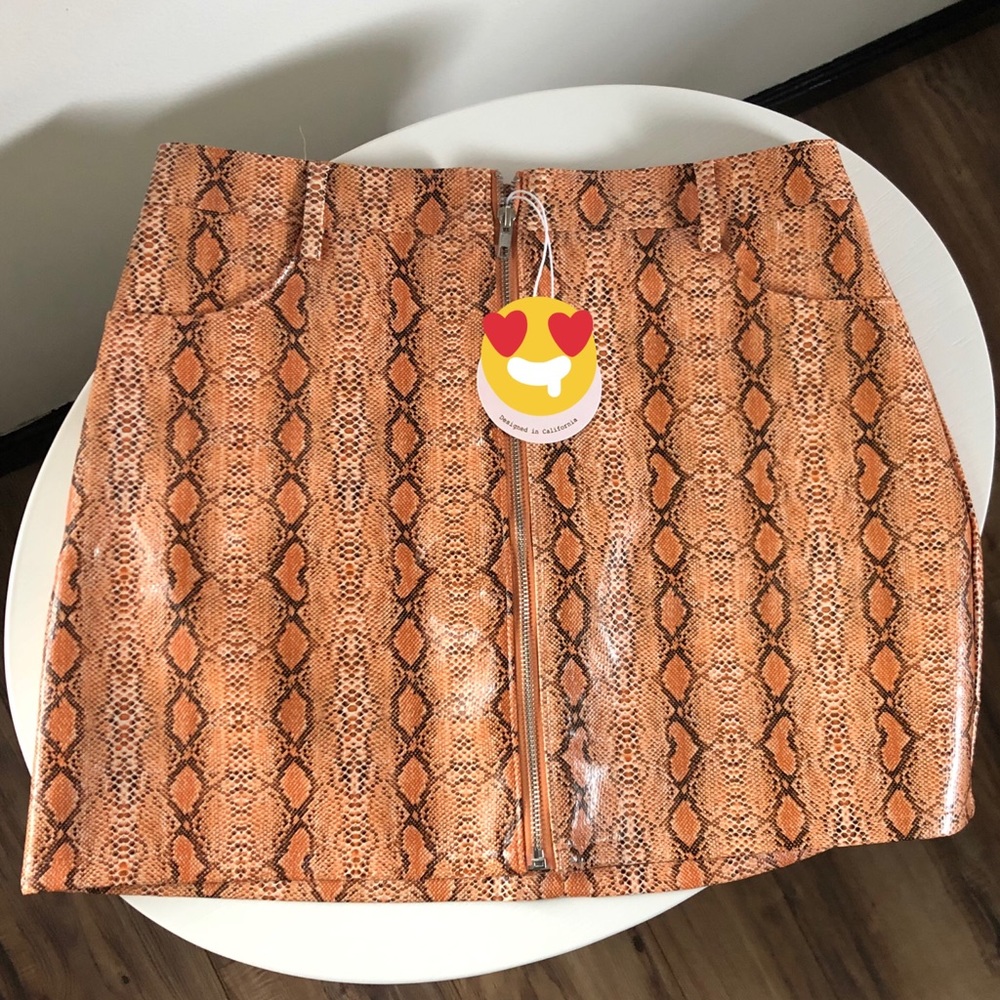 . OOTDFASH Orange Faux Leather Snakeskin Zip Up High Waist Mini Skirt - Picture 8 of 16